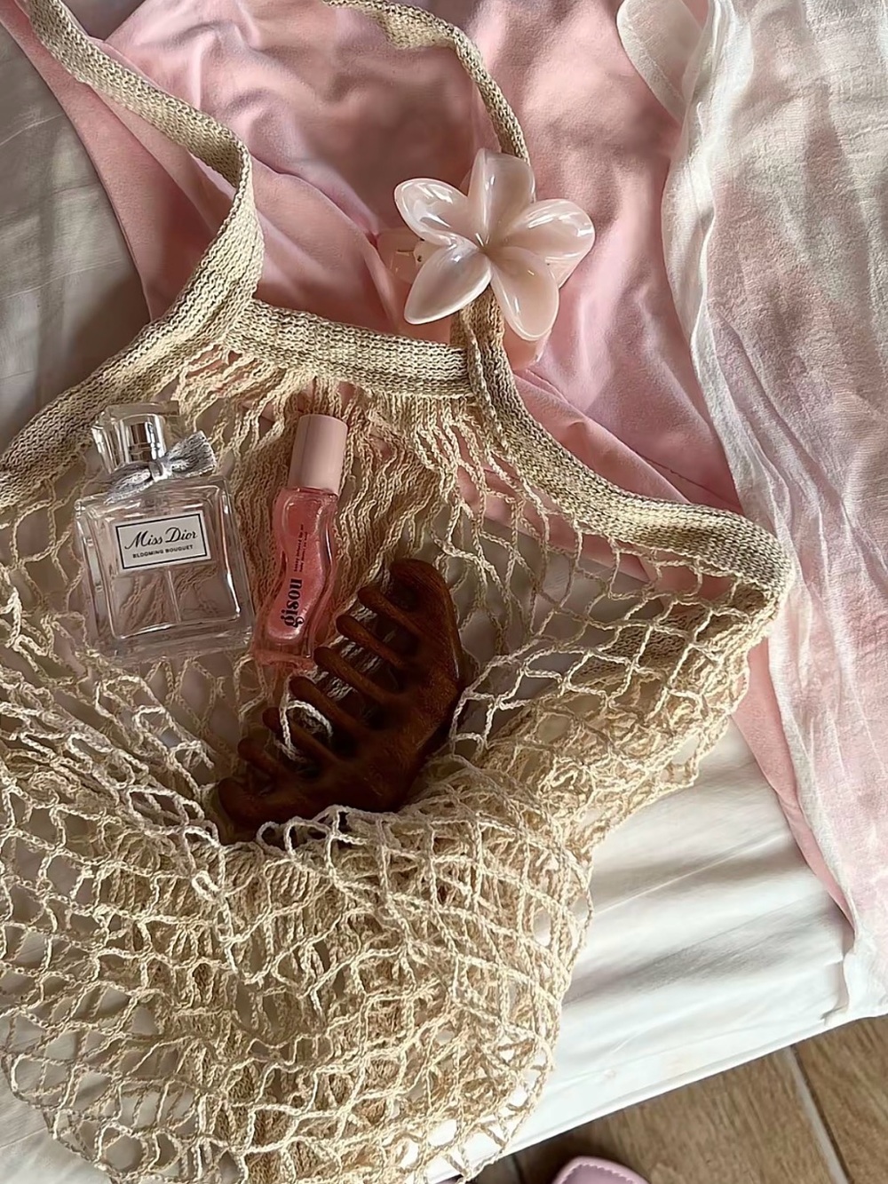 Zara Beige/Cream Mesh Market Tote - Lightweight Net Bag